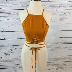 Crop top yellow ties in back lace up accent